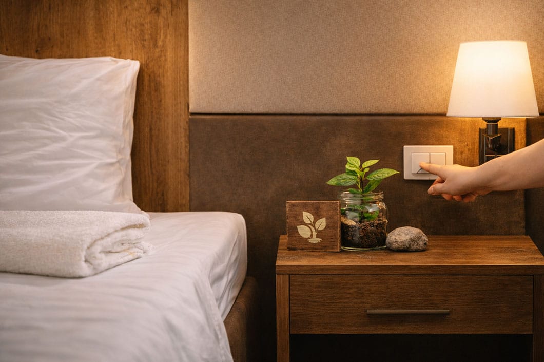 Hand switching off the light in a hotel room, next to a bed and bedside table with a plant as a symbol of the sustainable use of energy