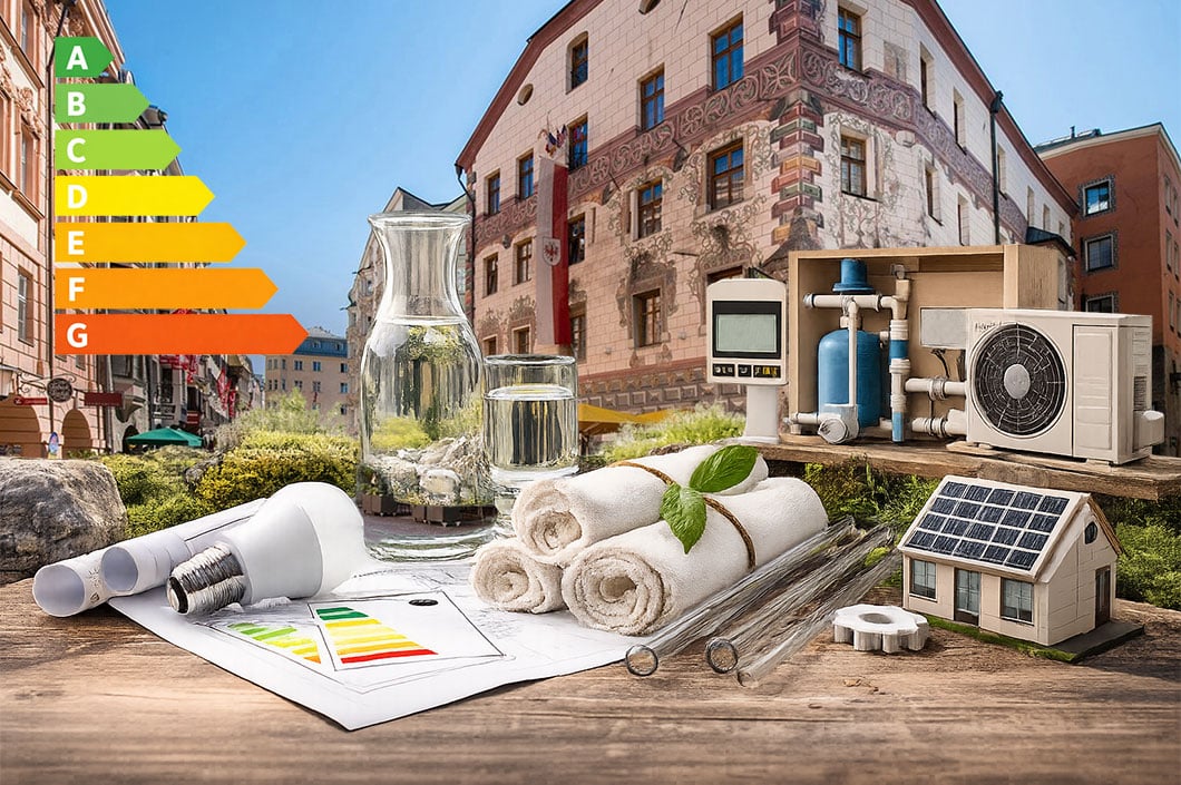 Representation of sustainable elements such as water treatment, LED technology, glass drinking straws and cotton cloths in front of the historic Goldener Adler in Innsbruck.