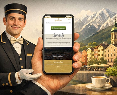 Conserje digital Representación gráfica de un conserje que presenta un smartphone en cuya pantalla se pueden ver las ofertas especiales del Hotel Goldener Adler en Innsbruck