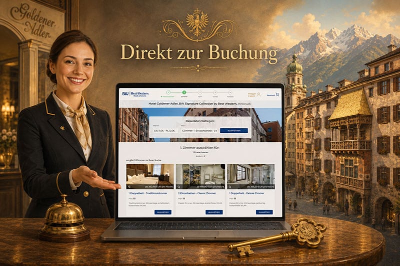 recepcion-reserva-online-hotel-innsbruck Ilustración gráfica de una recepcionista del Goldener Adler Innsbruck presentando la reserva directa de habitaciones en un portátil, con un timbre de recepción y una llave dorada al lado, y el casco antiguo de Innsbruck con el Tejadillo de Oro al fondo