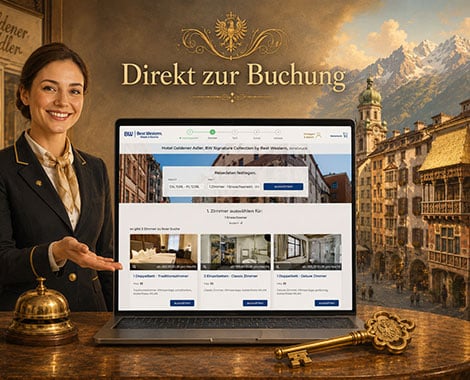 reservar-habitacion-innsbruck Ilustración gráfica de una recepcionista del Goldener Adler Innsbruck presentando la reserva directa de habitaciones en un portátil, con un timbre de recepción y una llave dorada al lado, y el casco antiguo de Innsbruck con el Tejadillo de Oro al fondo